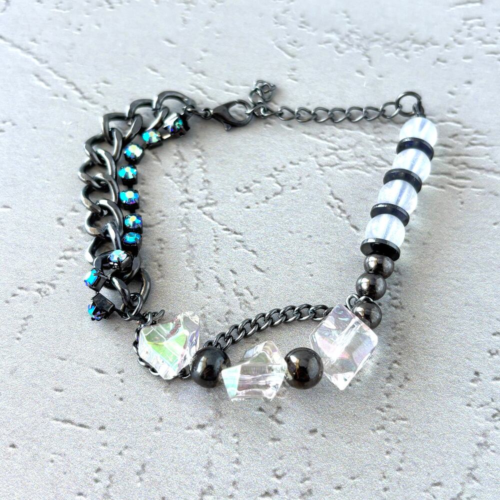 Crystal and Glass Beaded Asymmetrical Bracelet Black Chain Adjustable